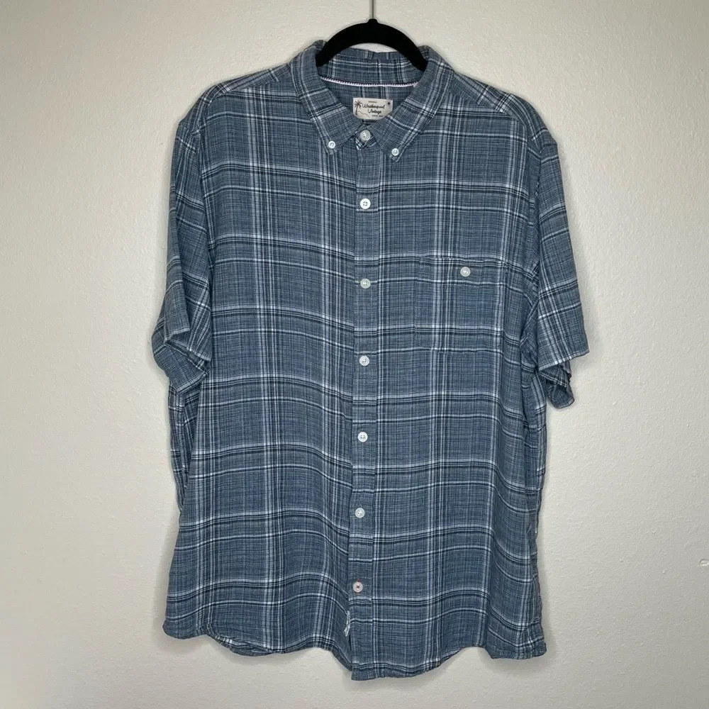 Weatherproof Vintage Linen Blend Blue Plaid Short Sleeve Button Front Men XL